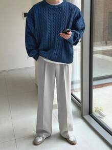 DAZY 1pc Men's Autumn Navy Blue Ribbed Twisted Flower Pattern Sweater - Blue - View 4