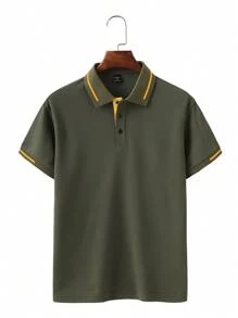 Manfinity Homme 男士拼色飾邊鈕扣休閒百搭短袖 Polo 衫，橄欖綠 Polo 衫，正式款 - 軍綠色 - 查看 3