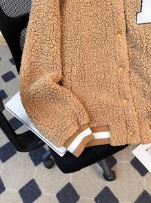 SHEIN Teen Girl's Brown Reversible Plush Ribbed Letter Logo Oversized College Baseball Jacket - Brown - View 3