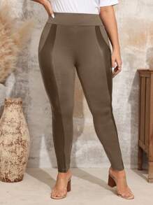 EMERY ROSE 大码女式 PU 皮革拼接紧身裤，秋装