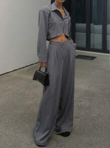 DAZY 2pcs/Set Women's Solid Color Shirt With Collar & Casual Long Pants