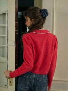 Simple Retro Women's Peter Pan Neck Patchwork Lace Sweater Cardigan - Red - View 2