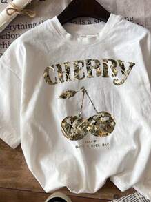 SHEIN EZwear 大码樱桃图案圆领短袖 T 恤，休闲宽松套头衫，大码，夏季 - 白色 - 查看 7