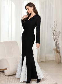 Modelyn Robe longue de soirée élégante pour femmes avec panneau en dentelle, col mandarin et manches longues, style sirène