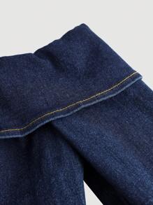 SHEIN 1pc Teen Girls Blue Denim Off Shoulder Split Hem Fitted Blouse