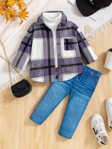 SHEIN Leap Crew 3 件套女婴格子衬衫、针织内衣和长裤套装，适合秋冬季的可爱套装 - 彩色 - 查看 8