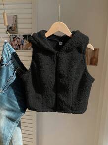 Comfortcana Women Solid Color Front Zipper Sleeveless Casual Hooded Jacket In Fall/Winter