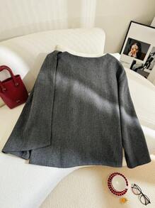 SHEIN Privé Plus Size Solid Color Wrap-Around Slit Elegant Long Sleeve Coat, For Winter - Grey - View 5