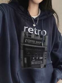 DAZY 女士连帽字母印花宽松口袋抓绒卫衣，长袖上衣，秋季服装，冬季