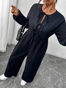 SHEIN Frenchy 大码女式纯色长袖前系带蝴蝶结连体裤，秋季