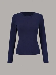 SHEIN LUNE 女士纯色羊毛圆领长袖 T 恤，秋冬 - 彩色 - 查看 3