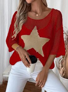 Chiquease 女士休闲镂空宽松五角星图案超大毛衣，秋季 - 紅色 - 查看 6
