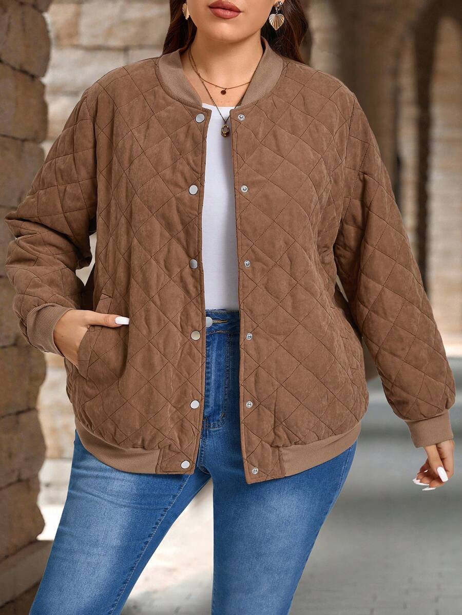 EMERY ROSE Plus Size Solid Color Diamond Quilted Padded Coat, Casual ,Winter Coat, Autumn&Winter Women Clothes - Brown - View 1