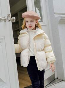Young Girl Elegant Quilted With Rabbit Fur Trim Padded Coat For Winter - Champagne - View 6