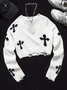 Coolane Kids 青少年女孩休闲十字图案破洞毛衣，秋季