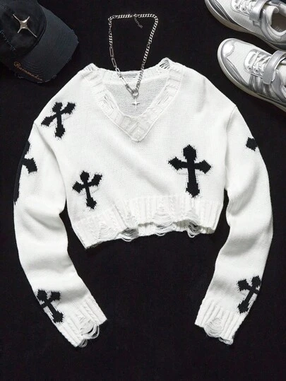 Coolane Kids 青少年女孩休闲十字图案破洞毛衣，秋季