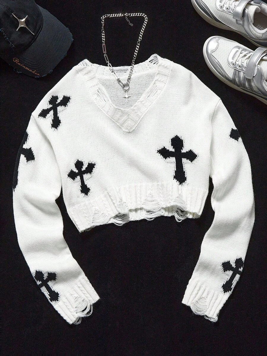 Coolane Kids 青少年女孩休闲十字图案破洞毛衣，秋季