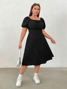 SHEIN CovetEZ Plus Size Black Casual/Resort Texture A-Line Dress - Black - View 4