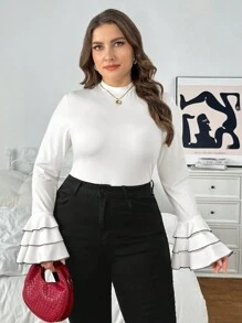 SHEIN Privé Plus Size Ladies Lotus Leaf Sleeve Knitted Base White Inner Wear Autumn And Winter Warm Knitted Base Contrast Color French Base - White - View 6