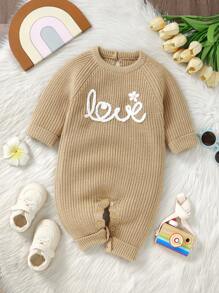 婴幼儿字母图案圆领长袖简约休闲针织连体衣 - 卡其色 - 查看 1
