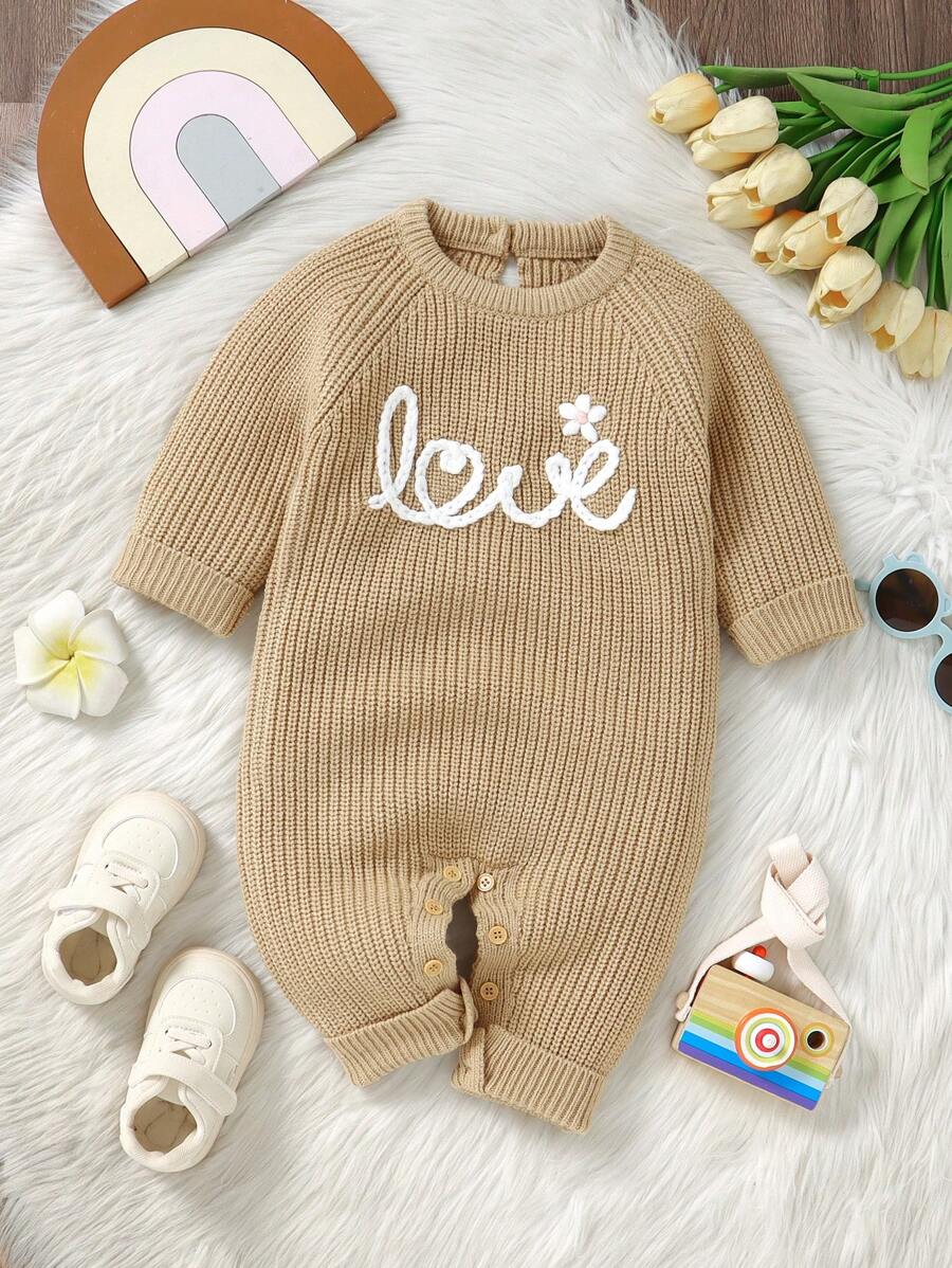 婴幼儿字母图案圆领长袖简约休闲针织连体衣 - 卡其色 - 查看 1