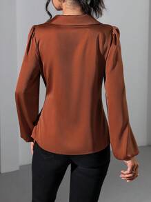 EMERY ROSE Metallic Fabric Side Tie & Puff Sleeve Women Casual Blouse,Long Sleeve Tops Fall Cloth For Women - Brown - View 2