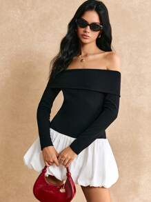Poéselle Falda de volantes bicolor negro y blanco, Mono de mujer con hombros descubiertos de otoño con parches de color contrastante y bajo acampanado, Ropa de otoño, Mono negro, Mono de manga larga, Adecuado para uso diario, calle, ir al trabajo