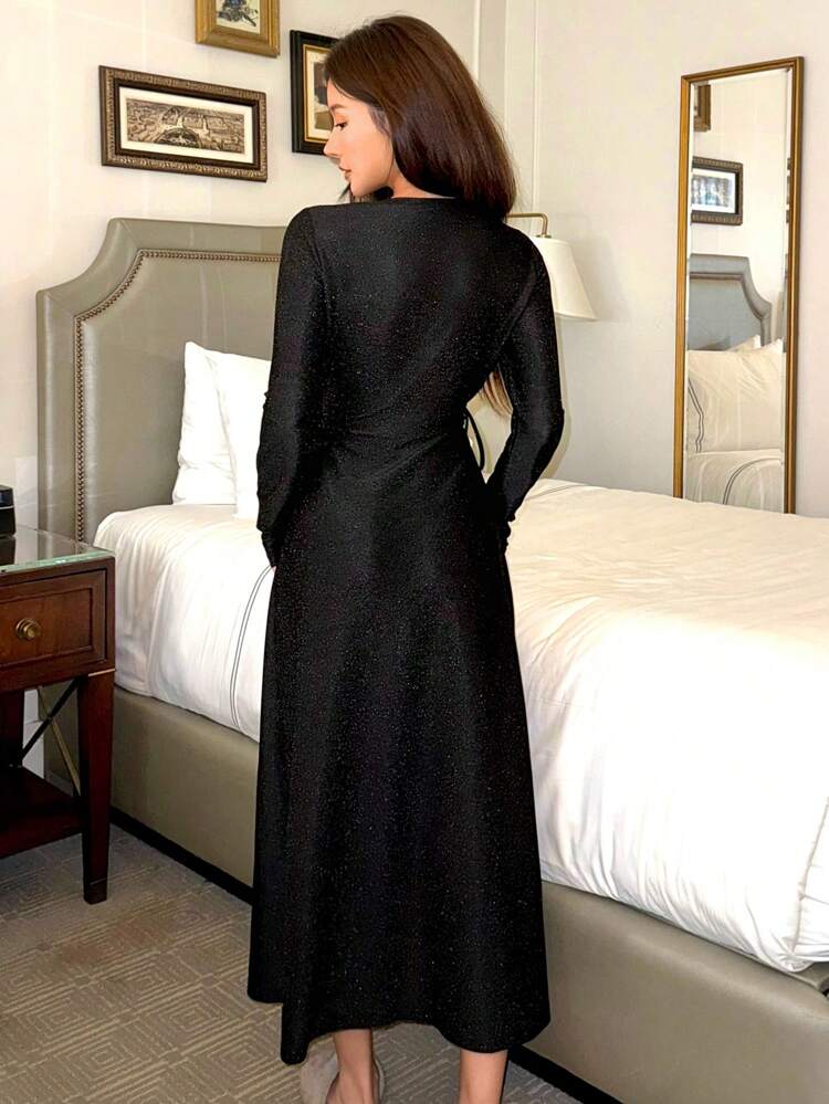 Women V-Neck Simple Crossover Design Long Sleeve Lounge Dress Pajama