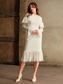 Anewsta Elegantes Damen Kleid mit Rüschen-Organza-Spitze, Flatterärmeln und Meerjungfrau-Stil, geeignet für Silvester, Weihnachten