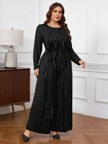 SHEIN Privé Bộ đồ liền thân Palazzo màu đen thanh lịch cho nữ cỡ lớn, trang phục dự tiệc cưới, trang phục dự tiệc tối - trắng - Xem 5