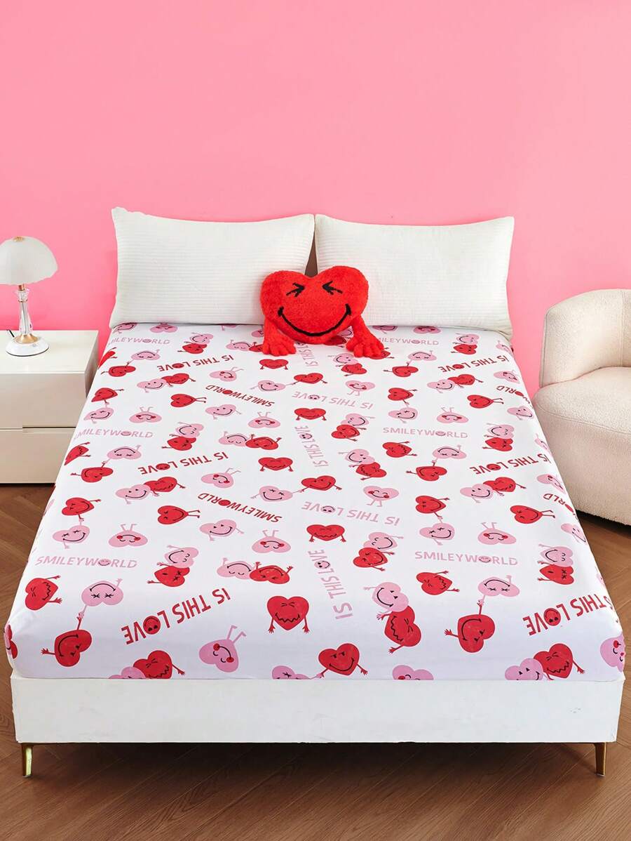 SmileyWorld® | SHEIN 满版爱心与标语印花白色床笠 - 彩色 - 查看 1