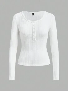 SHEIN EZwear 3 Packs Women Solid Knit Button Half Placket Long Sleeve Casual T-Shirt, Spring/Summer
