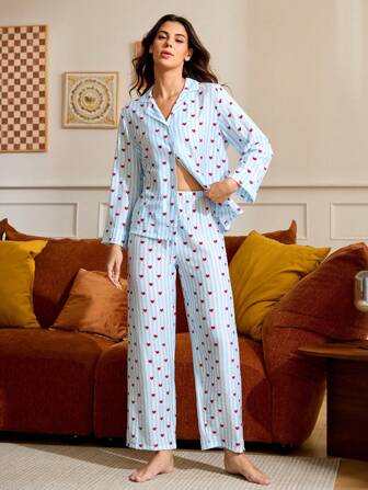 Oxana Blaue Gerade-Bein Schlafhose mit Herzen und Streifen Muster, Designermode für Frauen, für den Urlaub