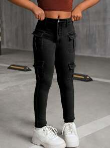 SHEIN Tween Girl 的 Y2K 黑色弹力高腰工装牛仔裤，配有多个口袋，Tween Girl 秋季返校街头装牛仔裤 - 黑色 - 查看 6