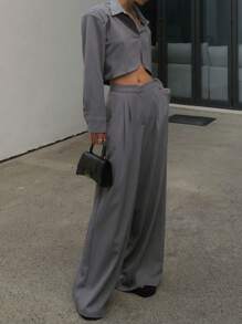 DAZY 2pcs/Set Women's Solid Color Shirt With Collar & Casual Long Pants
