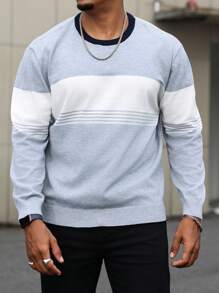 Manfinity Homme Plus Size Heren Color Block Patchwork Gebreide Trui, Casual Voor Herfst/Winter Grijze Trui