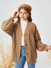 SHEIN Leap Crew Tween Girl Button Front Drop Shoulder Cardigan - Camel - View 7