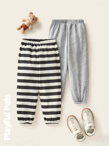 SHEIN 2 pezzi di pantaloni della tuta a righe e con grafica di panda, adatti per ragazzi e ragazze, carini/retrò/casual/per interno ed esterno, adatti per primavera/autunno/inverno