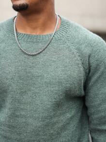 Manfinity Homme 1pc Men Plus Size Solid Color Plain Crew Neck Raglan Sleeve Long Sleeve Casual Pullover Sweater, Autumn/Winter, For Going Out, Men Green Sweater, Men Knitwear, Men Thermal Lined Sweater, Men Winter Sweater, Green Knit Sweater - Green - View 3