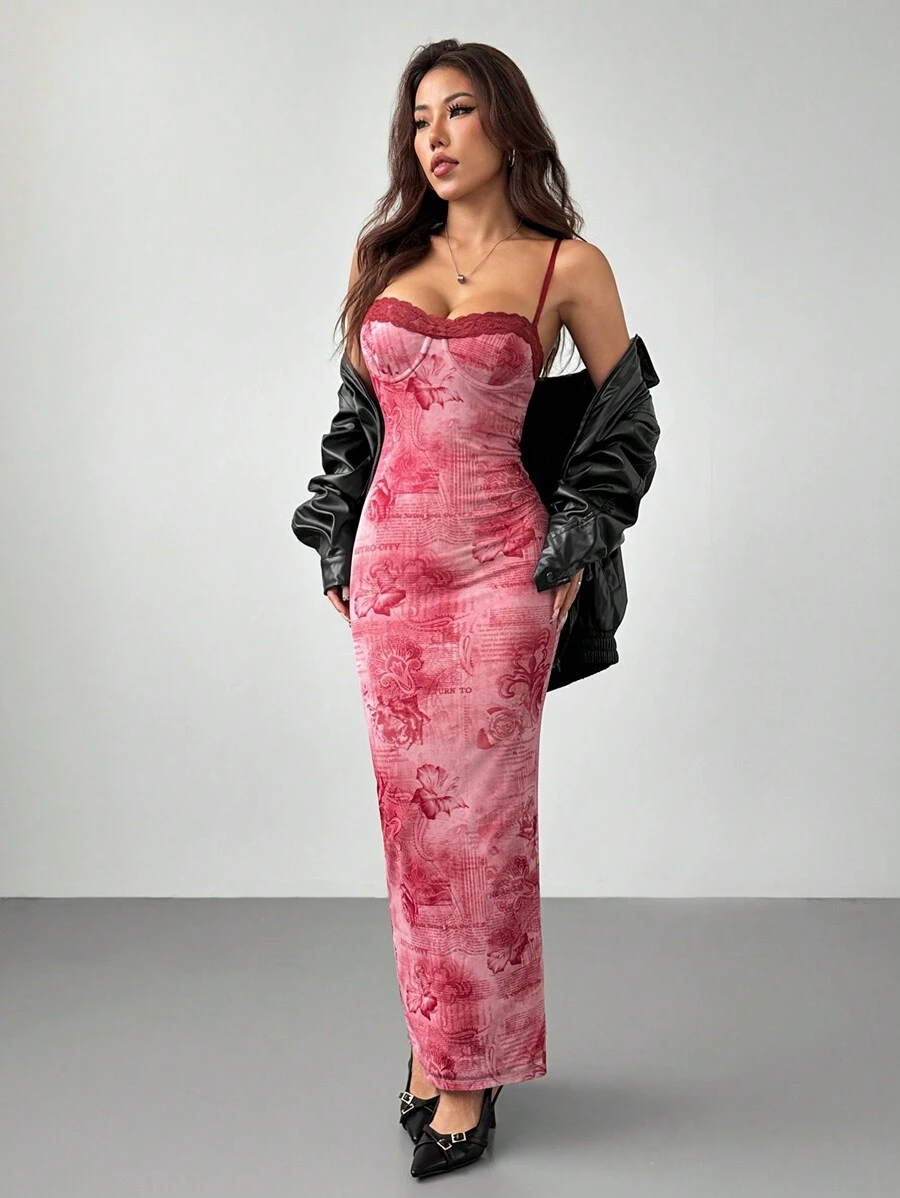 SHEIN PETITE Sexy Printed Red Retro Pattern Printed Lace Women's Tight Slim Long Women's Suspender Dress Suitable For Dates - Pink - View 1