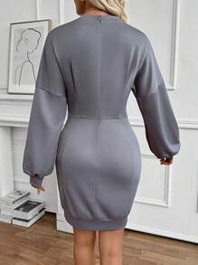 SHEIN LUNE Women's Elegant Fitted Puff Sleeve Crew Neck Sweatshirt Dress Pullover Fall Outfit - Grey - View 2