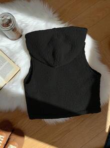 Comfortcana Women Solid Color Front Zipper Sleeveless Casual Hooded Jacket In Fall/Winter