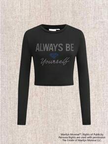 Marilyn Monroe X SHEIN Tween Girl Rhinestone English Letter Black Tight Tee