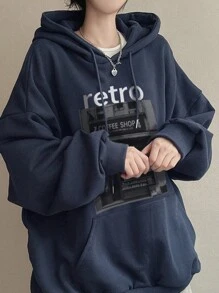 DAZY 女士连帽字母印花宽松口袋抓绒卫衣，长袖上衣，秋季服装，冬季