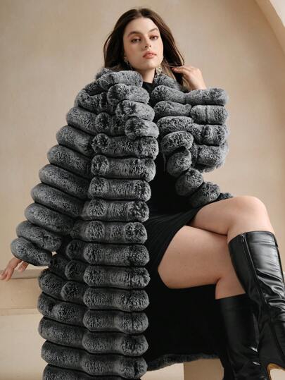 SHEIN X Phaith Montoya Anewsta New Autumn/Winter Fluffy Coat, Mid-Length, Women Plus Size Fashion Faux Rabbit Hair Outerwear For Holiday Party Clothes Fall