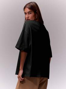 MUSERA Áo thun cổ tròn dáng rộng unisex, kiểu dáng thường ngày, phù hợp với mọi dịp như đi sân bay, đi học, thanh lịch, mùa xuân hè, ngày lễ. - màu đen - Xem 2