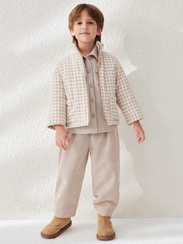 Blossori Young Boys Autumn/Winter French Elegant Khaki Plaid Woven Zipper Cotton Jacket