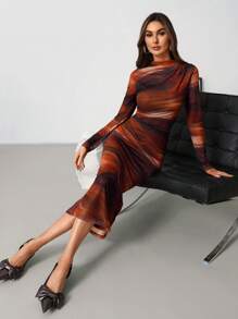 SHEIN Clasi 1pc Women's Pleated Floral Print Mesh Knit Dress - Red - View 5