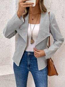 EMERY ROSE 女士条纹翻领休闲长袖开襟夹克，秋季 - 黑與白 - 查看 6