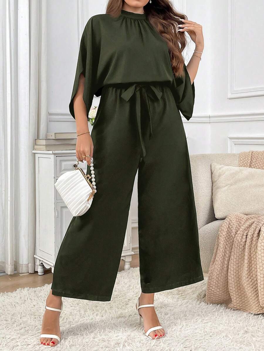 SHEIN Privé 大码女式纯色立领蝙蝠袖阔腿宽松优雅连体裤，适合通勤 - 軍綠色 - 查看 1